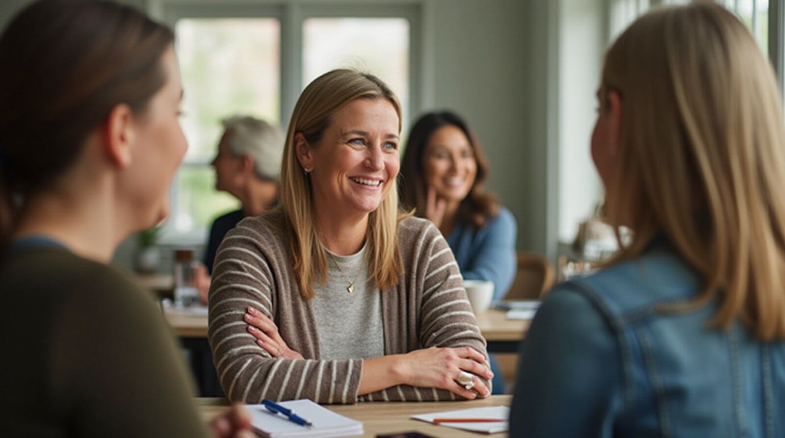picture of a woman in midlife experiencing ADHD and perimenopause symptoms like brain fog and overwhelm, swith note pads and planners, calendars, lists on the tablle in front of her