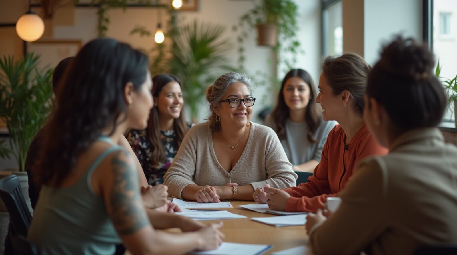 women of different ages and ethnicities sitting around a table smiling and chatting about perimenopause
