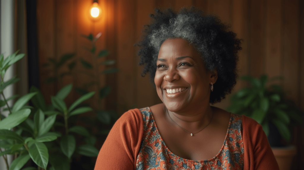 photo of a woman managing ADHD and perimenopause symptoms, showing joy and the relief of a lighter mental load experienced by women with undiagnosed ADHD in midlife.
