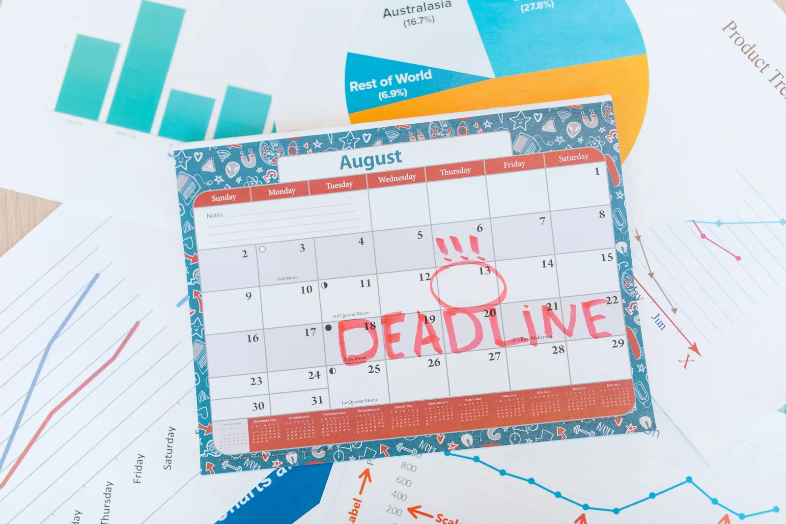 Desk calendar with a deadline marked, illustrating the time-management difficulty of ADHD and perimenopause at work